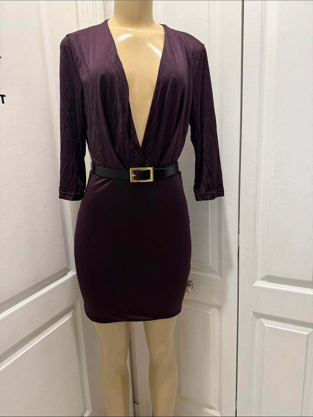 Cecico Plum Plunge V-Neck Mini Dress with Black Belt